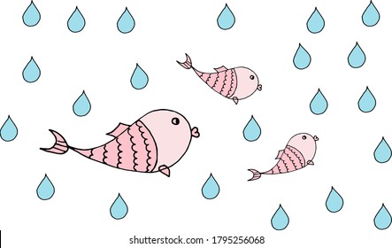 Ilustración de vectores, gotas de agua y peces, impresión de color infantil, garabato para el diseño de papel, tela, interior