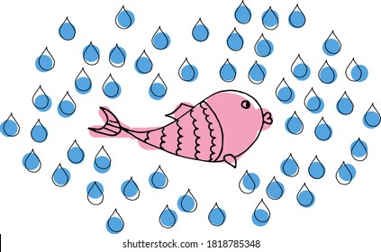 Ilustración de vectores, gotas de agua y peces, impresión de color infantil, garabato para el diseño de papel, tela, interior