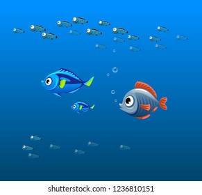 vector illustration of fish in the water, sea underwater, shoal of fishes