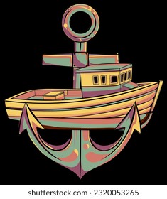 ilustración vectorial del barco de pescado con ancla sobre fondo negro