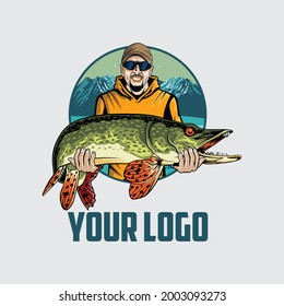 Vector Illustration Fisherman and big catch pike fish