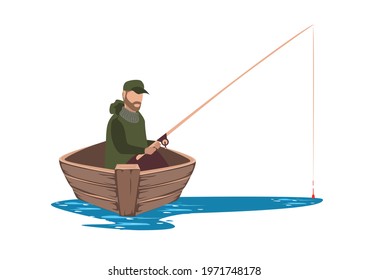 Vector illustration of a fisherman in a boat catches fish on the lake. Fisherman isolated on white background in cartoon style.