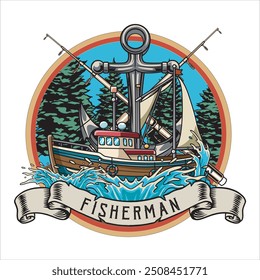 Vector Illustration of Fisherman Boat in Nature View with Vintage Illustration Available for Logo Badge