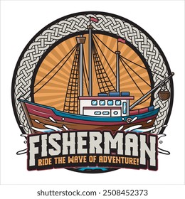 Vector Illustration of Fisherman Boat with Vintage Illustration Available for Logo Badge