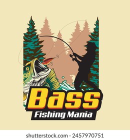 Vector Illustration of Fisherman Catching Bass Fish with Nature view with Vintage Illustration Available for Tshirt Design