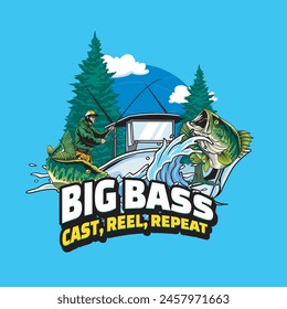 Vector Illustration of Fisherman Catching Bass Fish on the Boat with Nature view with Vintage Illustration Available for Tshirt Design