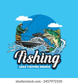 Vector Illustration of Fisherman Catching Bass Fish on the Boat with Lake view with Vintage Illustration Available for Tshirt Design