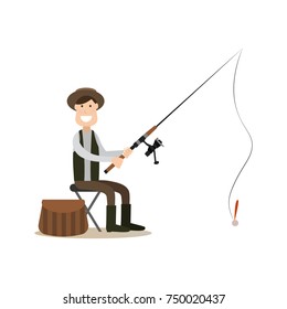 Vector illustration of fisherman catching fish while sitting on chair. Fisher with fishing rod flat style design element, icon isolated on white background.