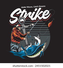 Vector Illustration of Fisherman Catching Marlin Fish and Anchor with Vintage Illustration Available for Fishing Badge