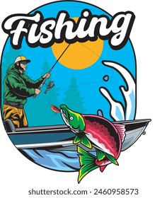 Vector Illustration of Fisherman Catching Sockeye Salmon on The Boat with Vintage Illustration Available for Fishing Logo