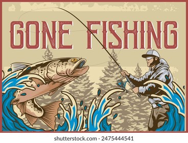 Vektorillustration von Fisherman Angeln ein Bachforellenfisch mit Wellen in Natur Mit Klassischer Illustration Verfügbar für Landschaftsplakat