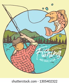 Vector illustration of fisherman fishing near beautiful lake and mountain