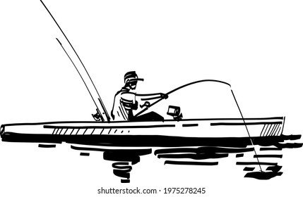 the vector illustration of the fisherman with fishing rod on kayak