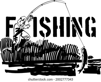 the vector illustration of the fisherman with fishing rod