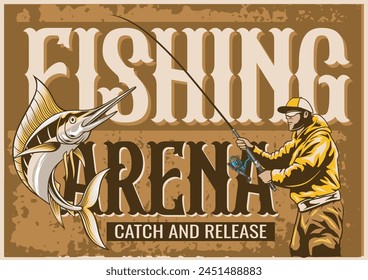 Vector Illustration of Fisherman with Fishing Rod and Marlin Fish with Vintage Illustration Available for Vintage Poster Lanscape