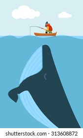 Vector illustration of fisherman and huge whale. Creative poster concept.