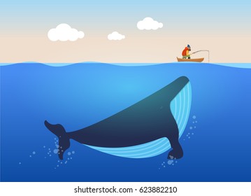 Vector illustration of fisherman and huge whale under water. Creative poster concept.