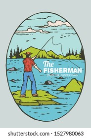 Vector illustration of fisherman on the beautiful lake and mountain 