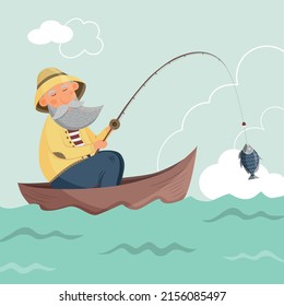 Vector illustration of a fisherman on a boat. Illustration of a fisherman in a yellow bucket hat with a fishing rod and fish
