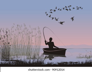 vector illustration of a fisherman on the boat at the lake