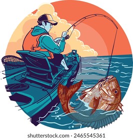 Vector illustration of the fisherman on kayak with fishing rod catches big snapper fish