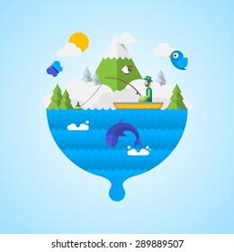 vector illustration with fisherman on a lake