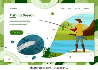 Vector illustration - fisherman on river with rod, fish under water. Forests, trees, mountains and hills on green background. Banner, site, poster template with place for your text.