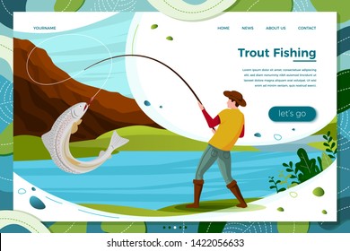 Vector illustration - fisherman on river catching trout. Forests, trees, mountains and hills on green background. Banner, site, poster template with place for your text.