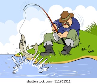 Vector illustration of a fisherman and pike