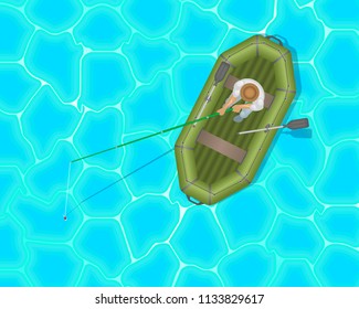 Vector illustration. A fisherman in a rubber inflatable boat. Top view.