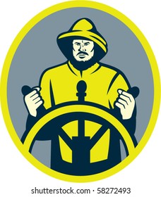 vector illustration of a Fisherman ship captain at the wheel or helm