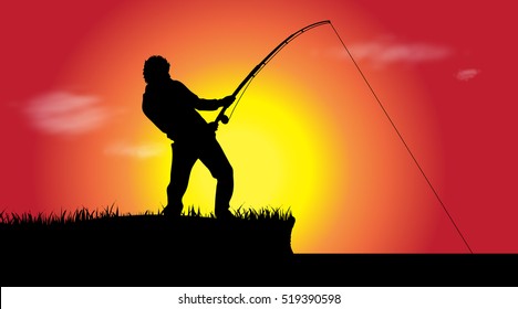 Vector illustration of a fisherman at sunset.