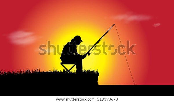 Vector Illustration Fisherman Sunset Stock Vector (Royalty Free ...