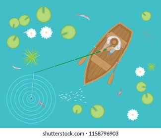 Vector illustration. Fisherman in a wooden boat on the lake with lotuses. Top view.