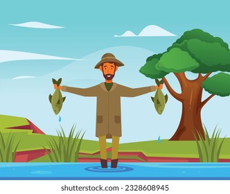 Vector illustration fishermen catch fish