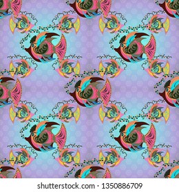 Vector illustration. Fishes in brown, blue and neutral colors. Seamless pattern with cute cartoon fishes.