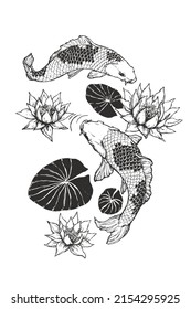 Vector illustration with fishes Koi and water flowers. Hand drawn sketch with Japan symbols of luck.