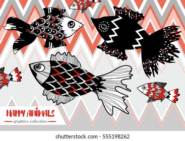 Vector illustration of fishes with patterns.
