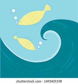 Vector illustration fishes in the water. Graphic drawing. Blue wave.