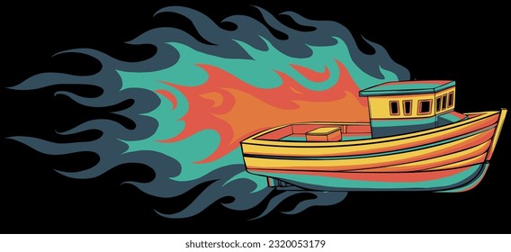 vector illustration of fishing boat with flames on black background. digital hand darw design