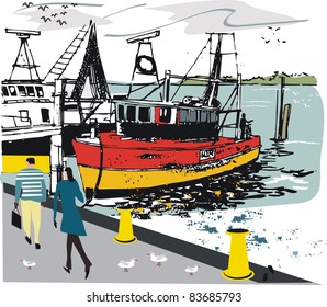 Vector illustration of fishing boat moored by wharf with people