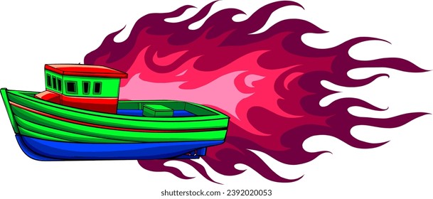 vector illustration of fishing boat on white background. digital hand darw