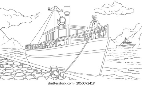 Vector illustration, fishing boat at the pier, coloring book