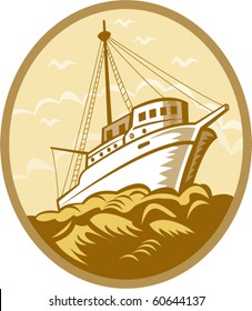 vector illustration of a Fishing boat viewed from low angle set inside an oval done in retro style.