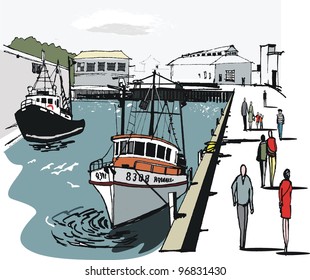 Vector illustration of fishing boats and pedestrians, Wellington harbor, New Zealand