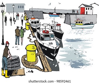 Vector illustration of fishing boats at St.Abs, Scotland