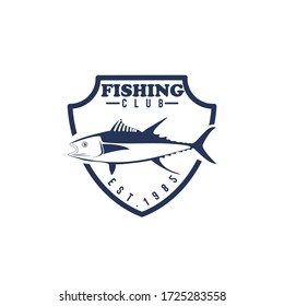 Vector illustration of fishing club logo with fish silhouette in blue shield with text isolated on white background
