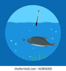 
vector illustration. Fishing. Fish in the water swimming towards a fishing hook with a worm . float. vector icon