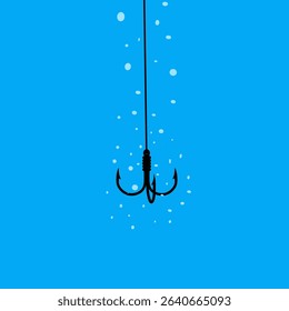 Vector illustration of fishing hook in the water on blue sea background with water bubbles. Concept of fish trap in the sea.