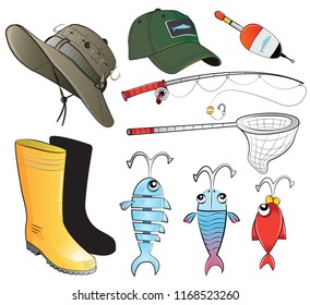 Vector illustration fishing icon set collection. Fisherman equipment
